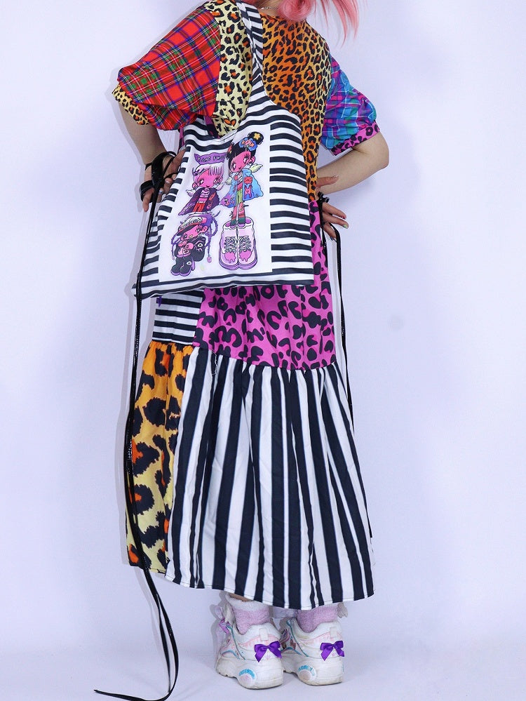 Ärmeldruck Rosa Puff Leopard Gyaru Modekleid