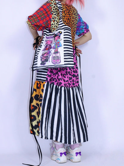 Ärmeldruck Rosa Puff Leopard Gyaru Modekleid