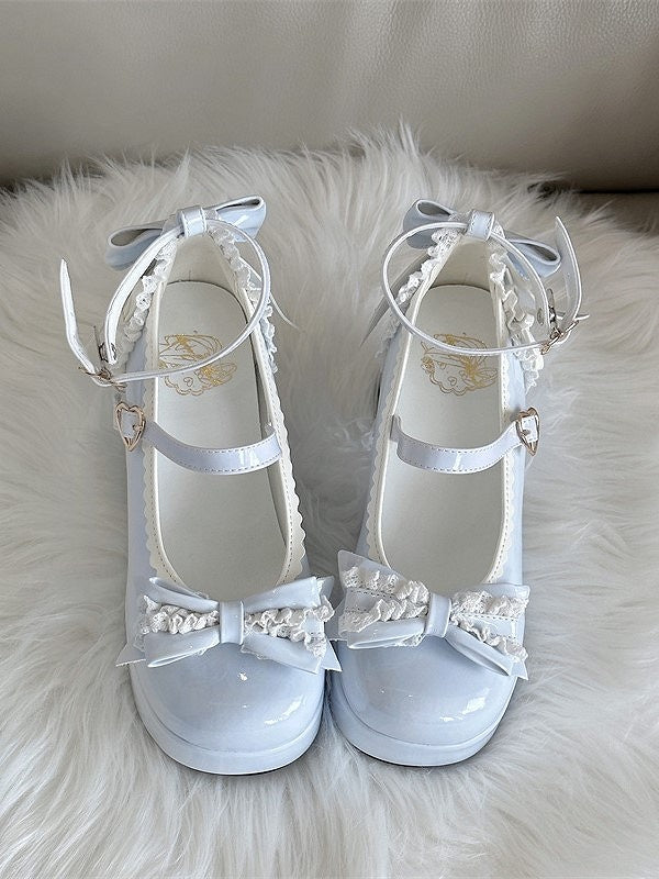 Light Bow Elegant with Blue Mary Lolita Scalloped PU Details Janes Hem