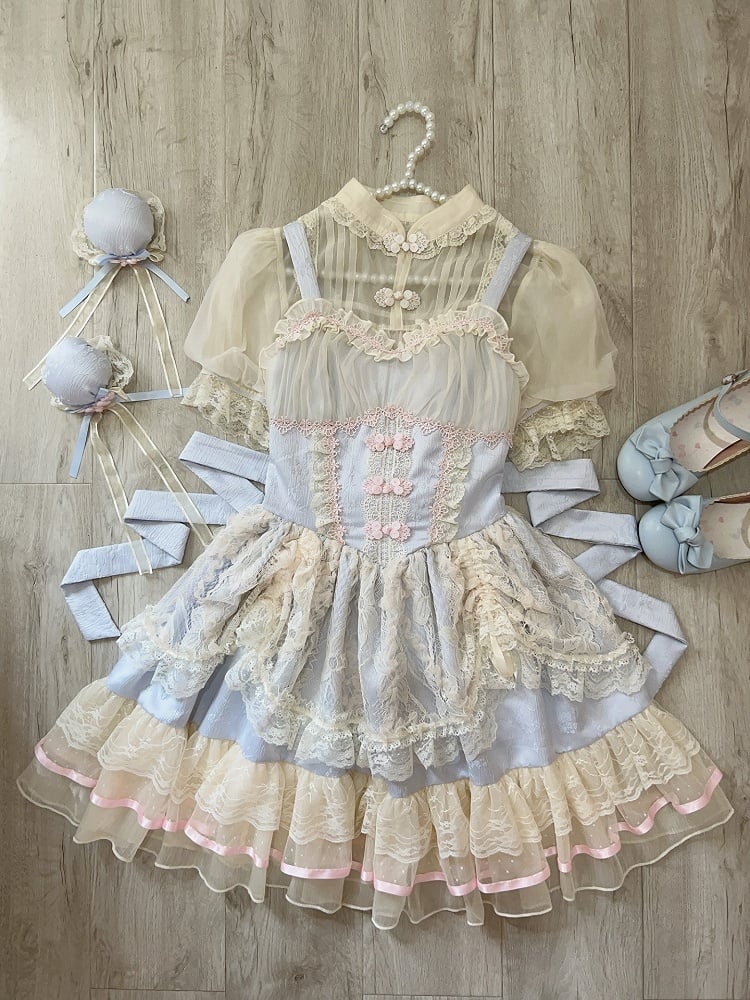 Chinoiserie Trim Dress Lolita Lace Blue Ballet-Inspired Frog Cute Button JSK