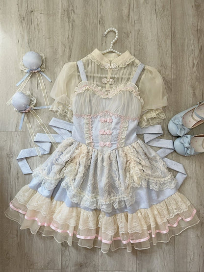 Chinoiserie Trim Dress Lolita Lace Blue Ballet-Inspired Frog Cute Button JSK