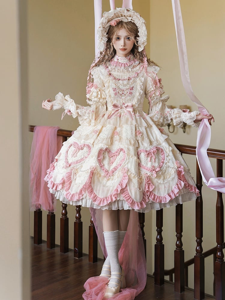 Beige Hanayome Rosette Embroidery Floral and Bead Chain Lolita OP Full Set