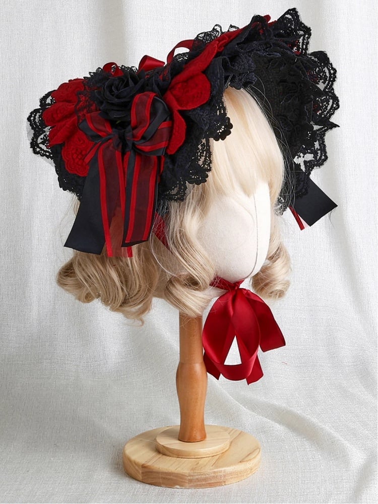 Red Black Lace Bonnet Ruffled