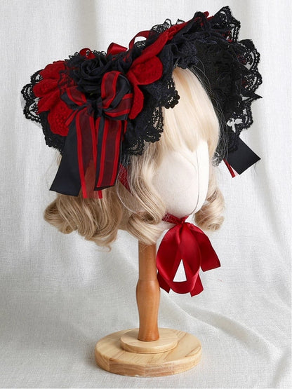 Red Black Lace Bonnet Ruffled
