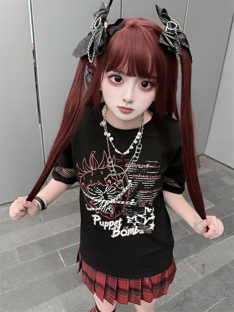 Black Strawberry & Chain Print Mesh T-Shirt - Puppet Bombs
