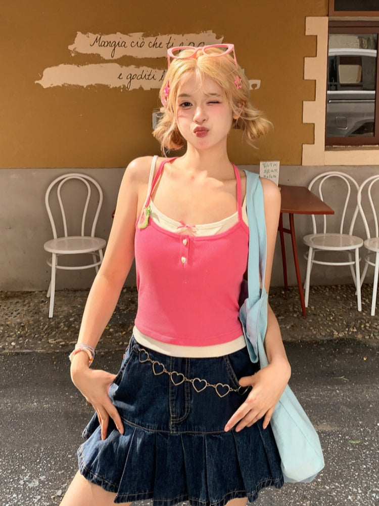 ピンクのグアバアップリケ付きセルフタイホルターネックトップフェイクツーピース