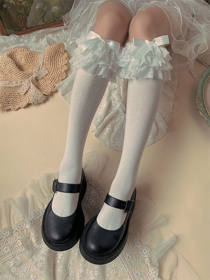 Multi-Layer Ruffle Bow Lolita Colors Lace 3 Socks Calf