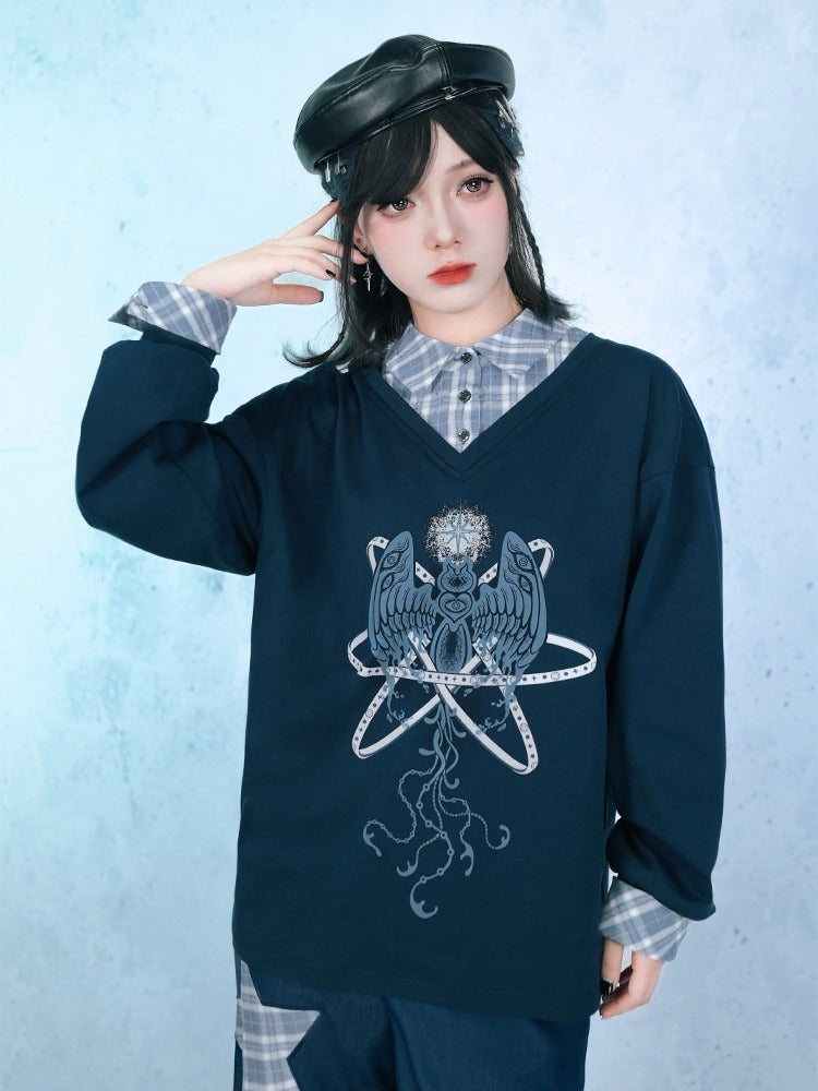 Navy Faux Two-Piece Plaid Collared Long Sleeve Shirt with Sea Angel Graphic - Quirky Hut