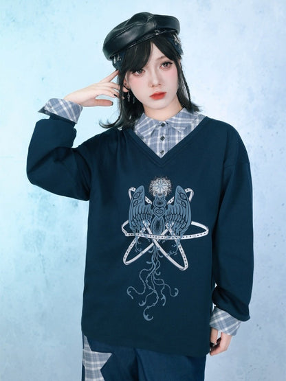 Navy Faux Two-Piece Plaid Collared Long Sleeve Shirt with Sea Angel Graphic - Quirky Hut