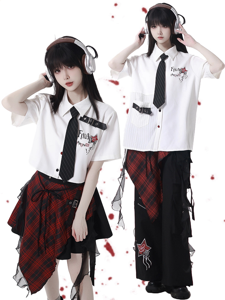 Version Black Buttons Red Long/Short Short Sleeves Shirt and Contrast Leather Buckle Strap White