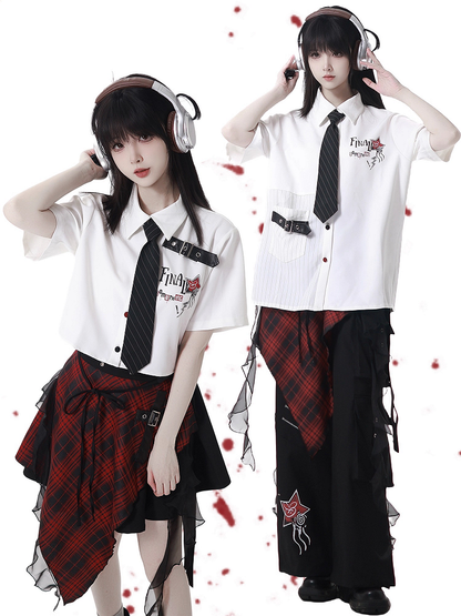 Version Black Buttons Red Long/Short Short Sleeves Shirt and Contrast Leather Buckle Strap White