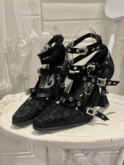Gothic Black Pointed Toe  Lace 8.5cm High Heels Multiple Buckle Straps