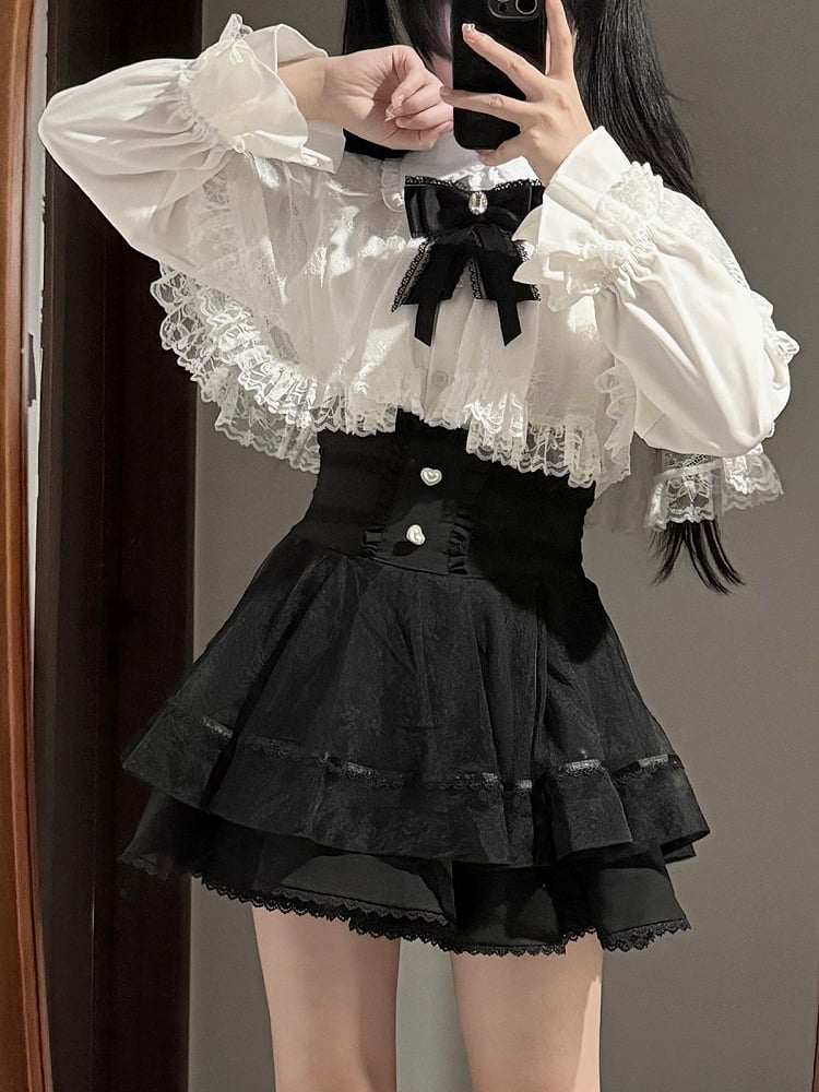 Skirt Kei High-Waist Tiered Heart-Shaped Accents Black Button with Jirai