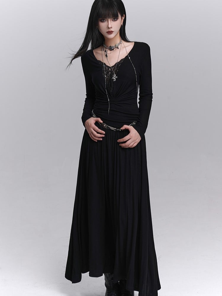Ruched Detailing V-Neck with Lace Black Shoulders Maxi Gothic Dress Padded
