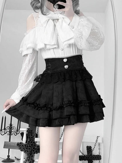 Jirai Tiered Skirtwith LaceBead Decorations|Elegant Jacquard Kei Style Black