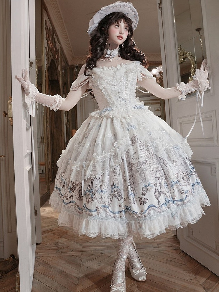 White & Blue Antique Print Elegant Lolita JSK Dress - Meng Fu Zi