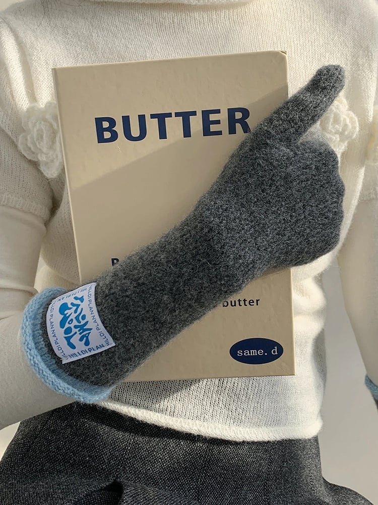 (4 Contrast Wool-Blend Cuffs Gloves Long Knit with Colors)