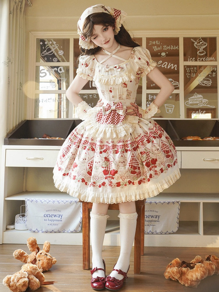 Teddy Lolita White Print Cherry Dress Sweet and Gingham Red