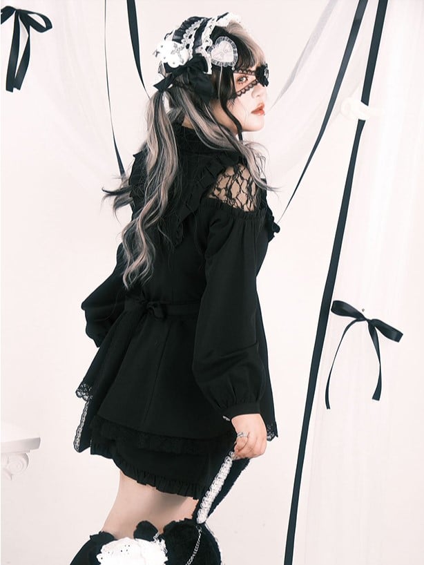 Set: Plus Elastic Open Black Waist Top Size Jirai Shoulder Shorts Kei