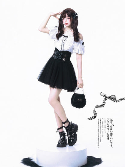 Black Bowknots White Off-the-shoulder Neckline Top Jirai Kei Style with