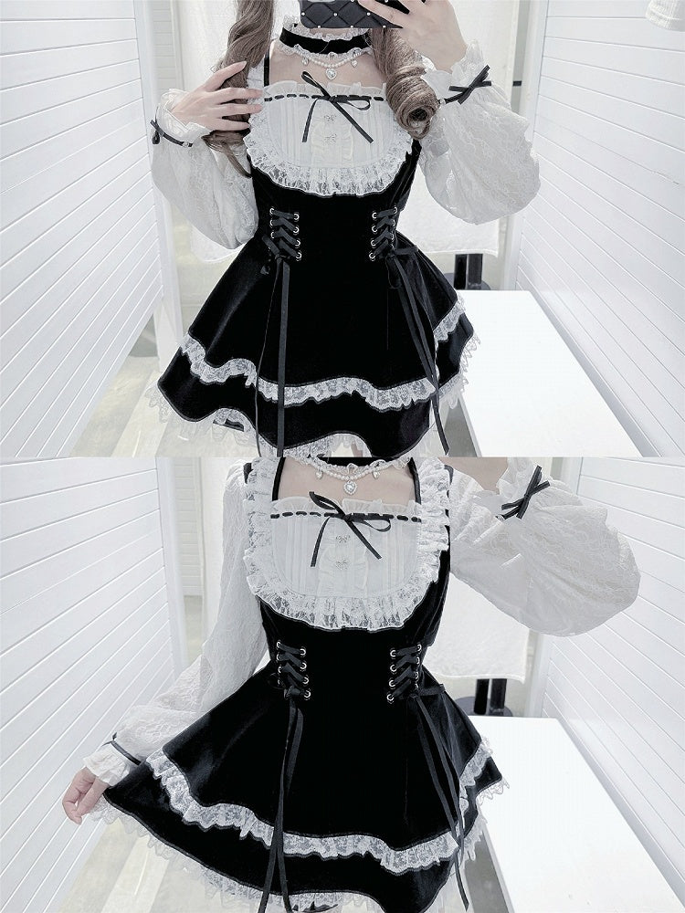 Choker Jirai Design Trim Long Dress Lace + With Set Black Matching Shorts White Kei Bead Sleeve Chain