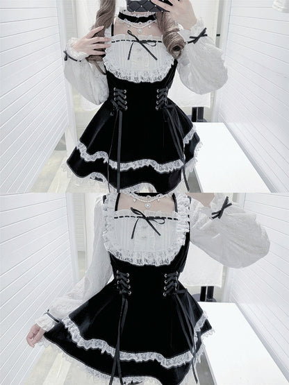 Choker Jirai Design Trim Long Dress Lace + With Set Black Matching Shorts White Kei Bead Sleeve Chain
