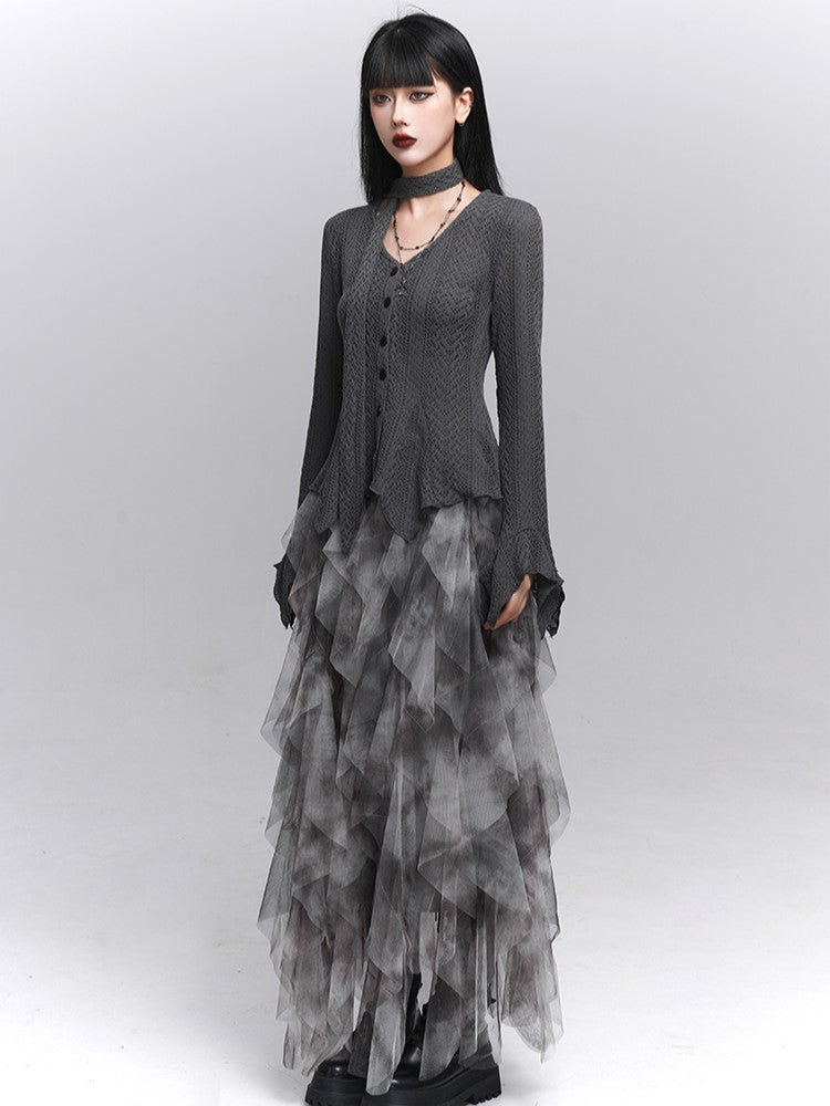 with  Gray Cascading Ruffles Skirt Tulle Asymmetrical Gothic