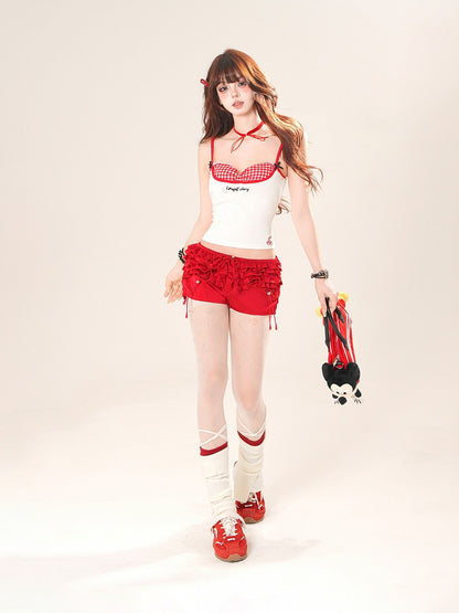 Sweetheart Neckline Faux Two-pieces Cami Top Black/White