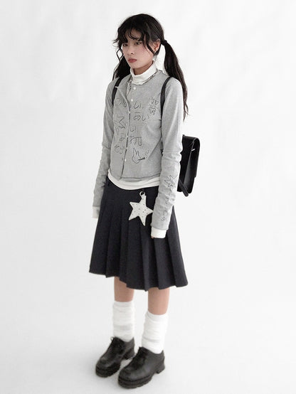 Pleated Side Dark Zip Skirt Preppy Gray with Style Concealed