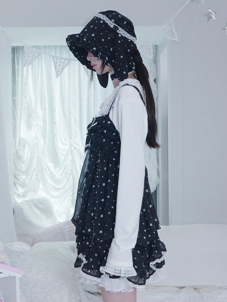 Dress Choker Star Oversized Matching with Tiered Navy Slip Bow White Kawaii Blue Print