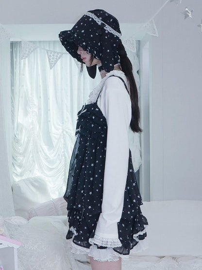 Dress Choker Star Oversized Matching with Tiered Navy Slip Bow White Kawaii Blue Print