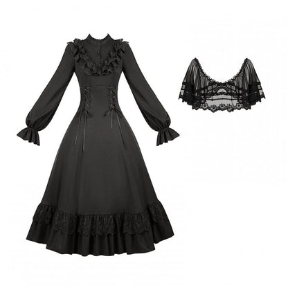 Neckline Lace-up Ruffle with Lolita Dress Shawl Detachable Waist Black Elegant