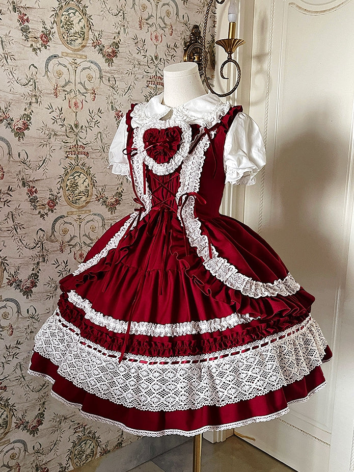 取り外し可能なスクールパッド入りハートジャンパー、古いロリータスカート、赤いドレスボディス