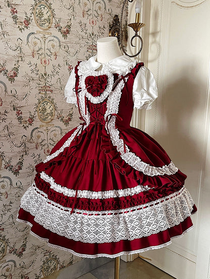 取り外し可能なスクールパッド入りハートジャンパー、古いロリータスカート、赤いドレスボディス