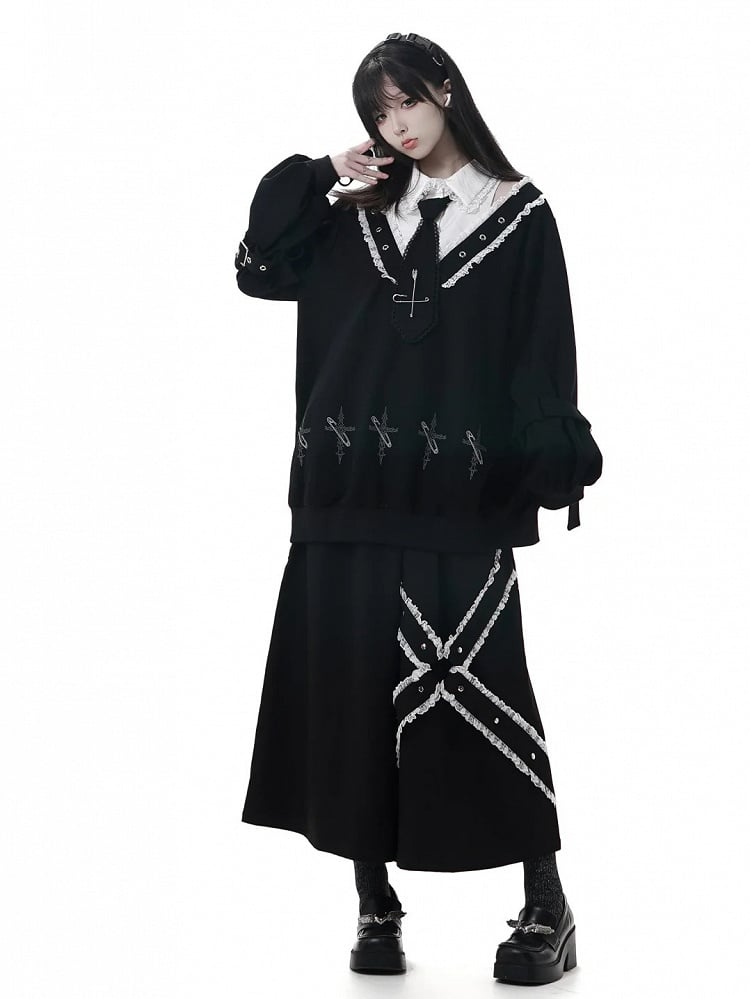 Details with Wide-Leg Ankle Pants Criss-Cross Black Stud White Lace Length and