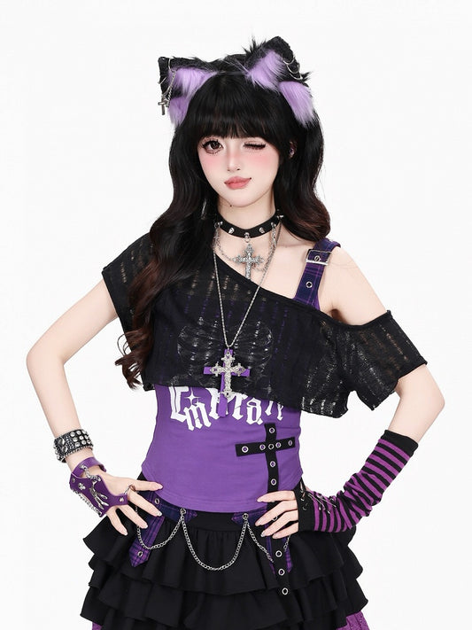 Purple & Black Plaid Off-Shoulder Cropped Top with Strap - CRAZY GIRL