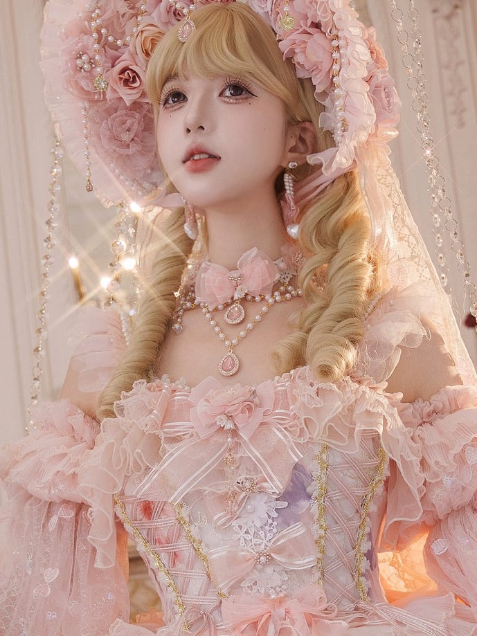 Details Bow Necklace Decorated Pink Flower and Chain Bead