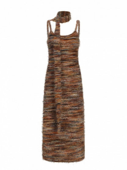 H-Line Close-fitting Matching Dress with Straps Striped Brown Knit Scarf Yellow Spaghetti