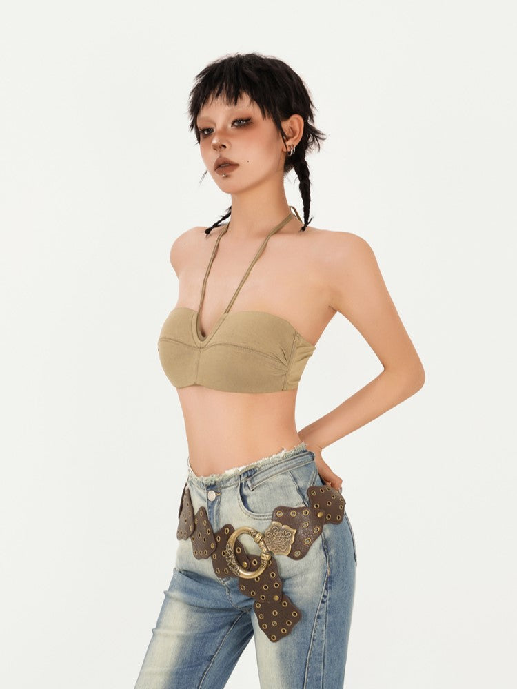 Bustier Sexy Design Anti-Slip Back Strapless Fit with Khaki Halter Neck Push-Up