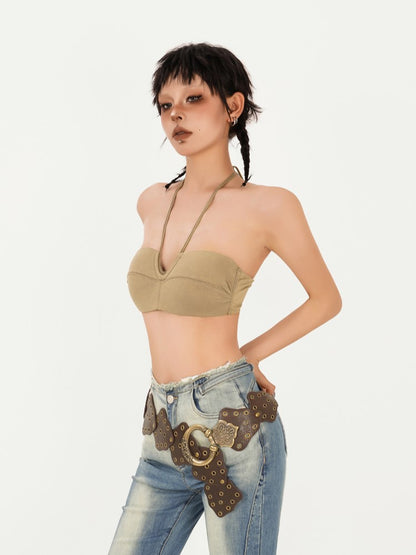 Bustier Sexy Design Anti-Slip Back Strapless Fit with Khaki Halter Neck Push-Up