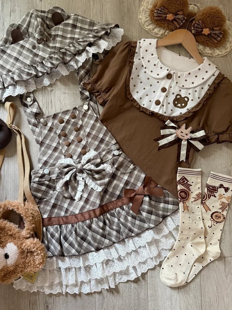 / with Overalls Ear Hat Dress Detachable Brown Susenders Bear Convertible 2-in-1 T-Shirt Plaid Polka Dot