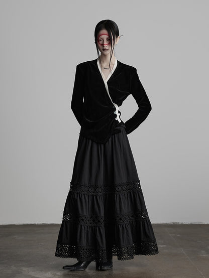 Cardigan Asymmetrical-Button V-Neck Urban Goth Velvet Black White