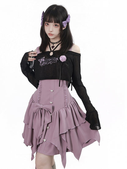 Purple Asymmetric Cami Dress with Ruffle & Bow - PINK SAVIOR