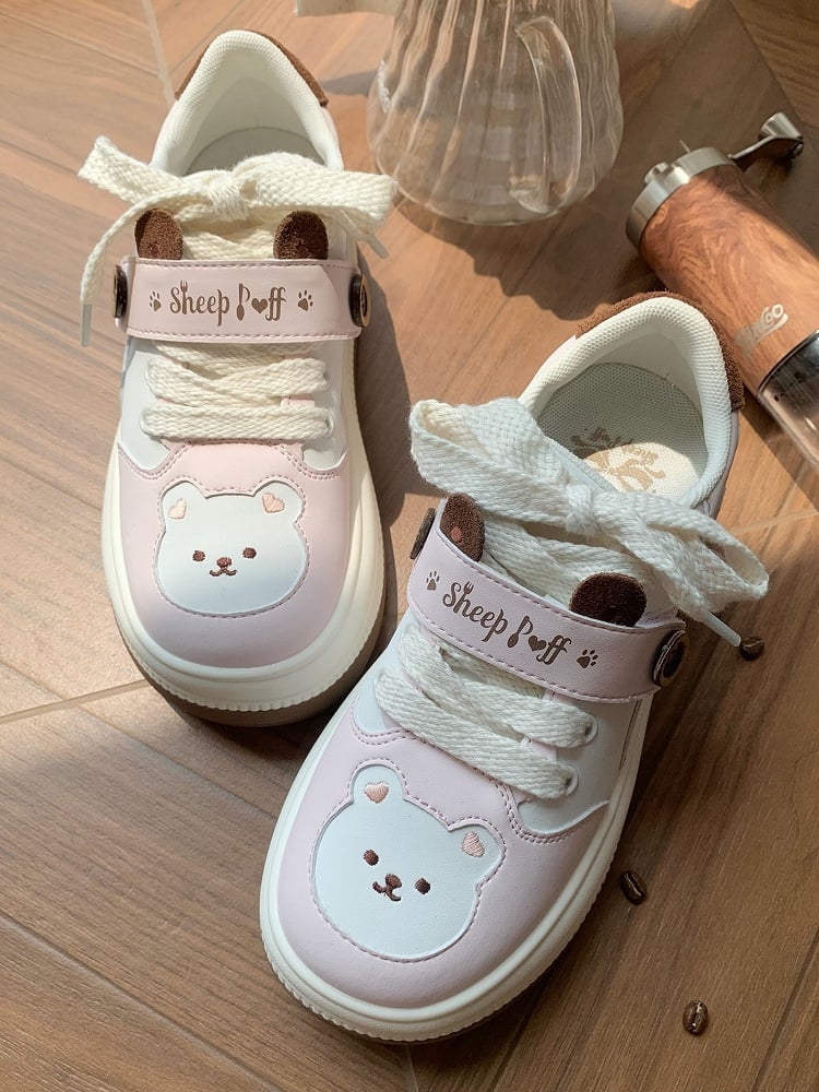 Lace-up Lolita Design with in Print Pink Paw Closure Platform Velcro Sweet Removable Sneakers