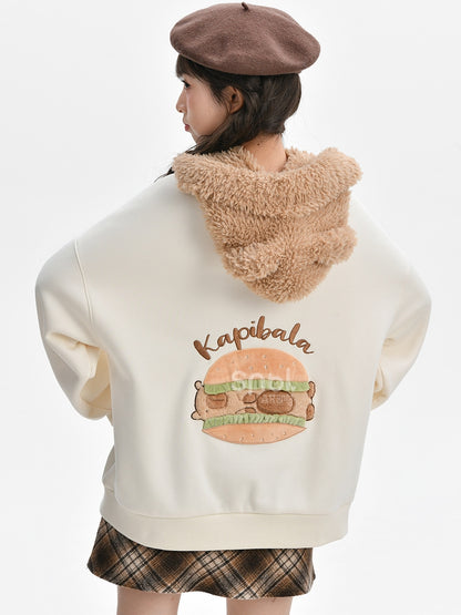 Süße Capybara Burger Applikation Beige Dickes Sweatshirt