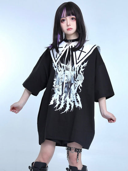 Kei Cartoon Girl Print Black T-shirt Jirai Round Neck