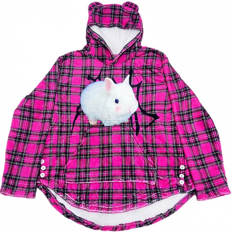 Pattern Hoodie Plaid Oversized Rose Fashion Bunny Red Print Gyaru