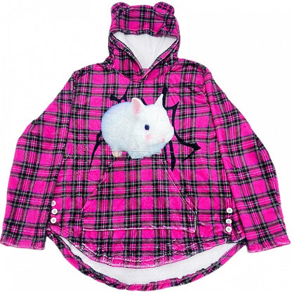 Pattern Hoodie Plaid Oversized Rose Fashion Bunny Red Print Gyaru