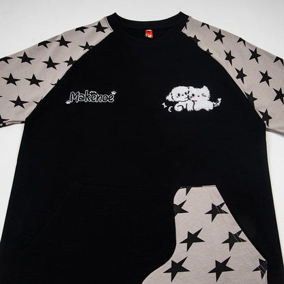 Black Star Print Short Sleeve Tee with Cat Embroidery - Languid Park