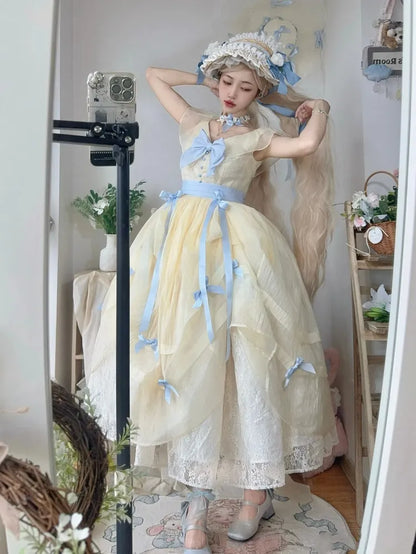 Lolita V-neck Blue Belle with Yellow Princess Detachable Dress Bows